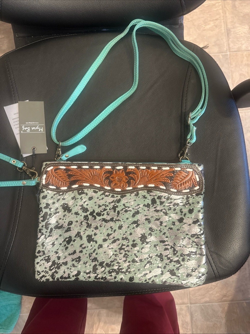 Myra Bag Mint Green Sequined Crossbody with Tooled Leather Accent